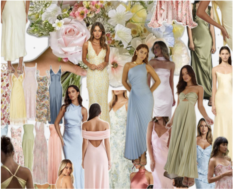 (Dresses using spring colors such as sage green, baby pink, and pastel yellow, Courtesy of Pinterest)
